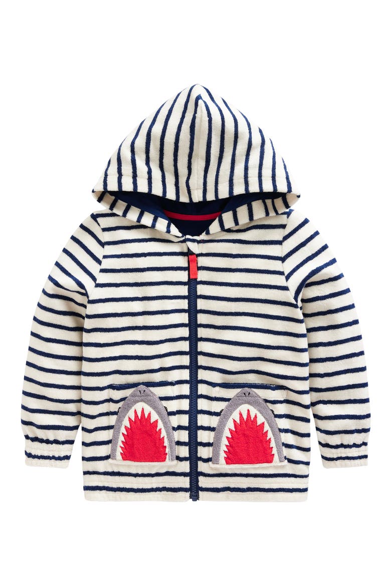 Kids' Stripe Appliqué Shark Terry Cloth Zip-Up Hoodie, Main, color, IVORY/ GREEK BLUE STRIPE SHARK