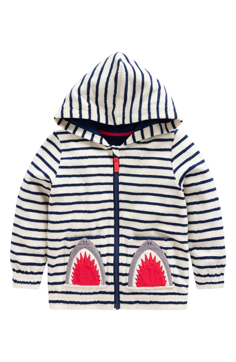 Mini Boden Kids' Stripe Appliqué Shark Terry Cloth Zip-Up Hoodie, Main, color,