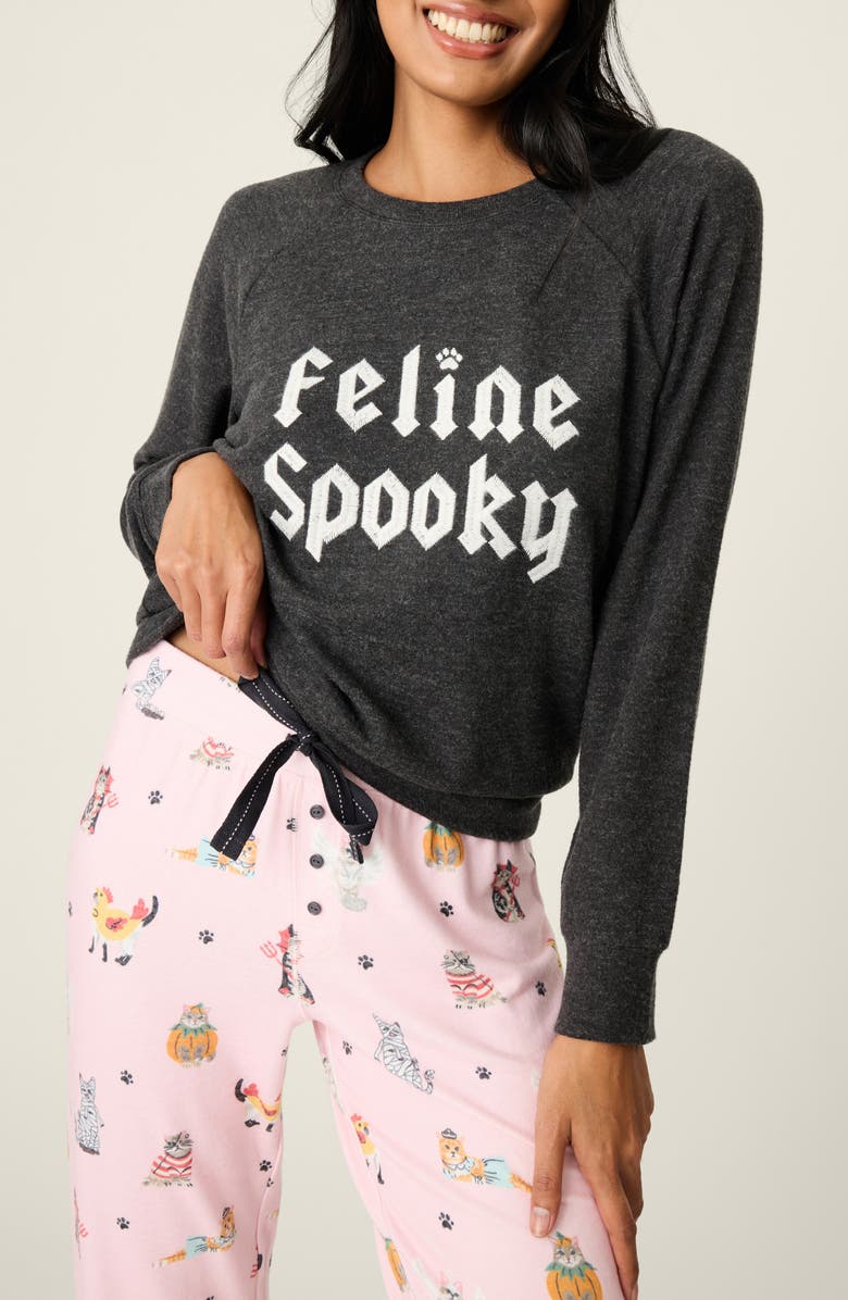 PJ Salvage Feline Spooky Long Sleeve Pajama Top, Main, color, Heather Slate