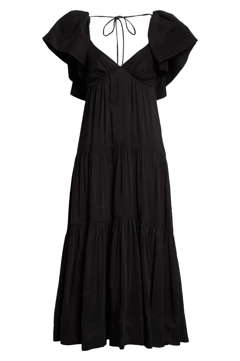 Ruffle Shoulder Open Back Linen Blend Midi Dress, Alternate, color, BLACK