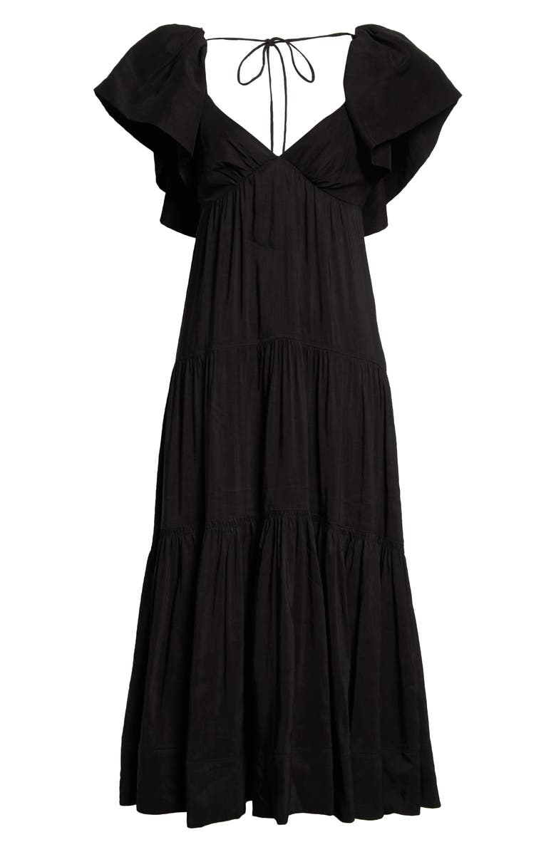 La Ligne Ruffle Shoulder Open Back Linen Blend Midi Dress, Alternate, color, 