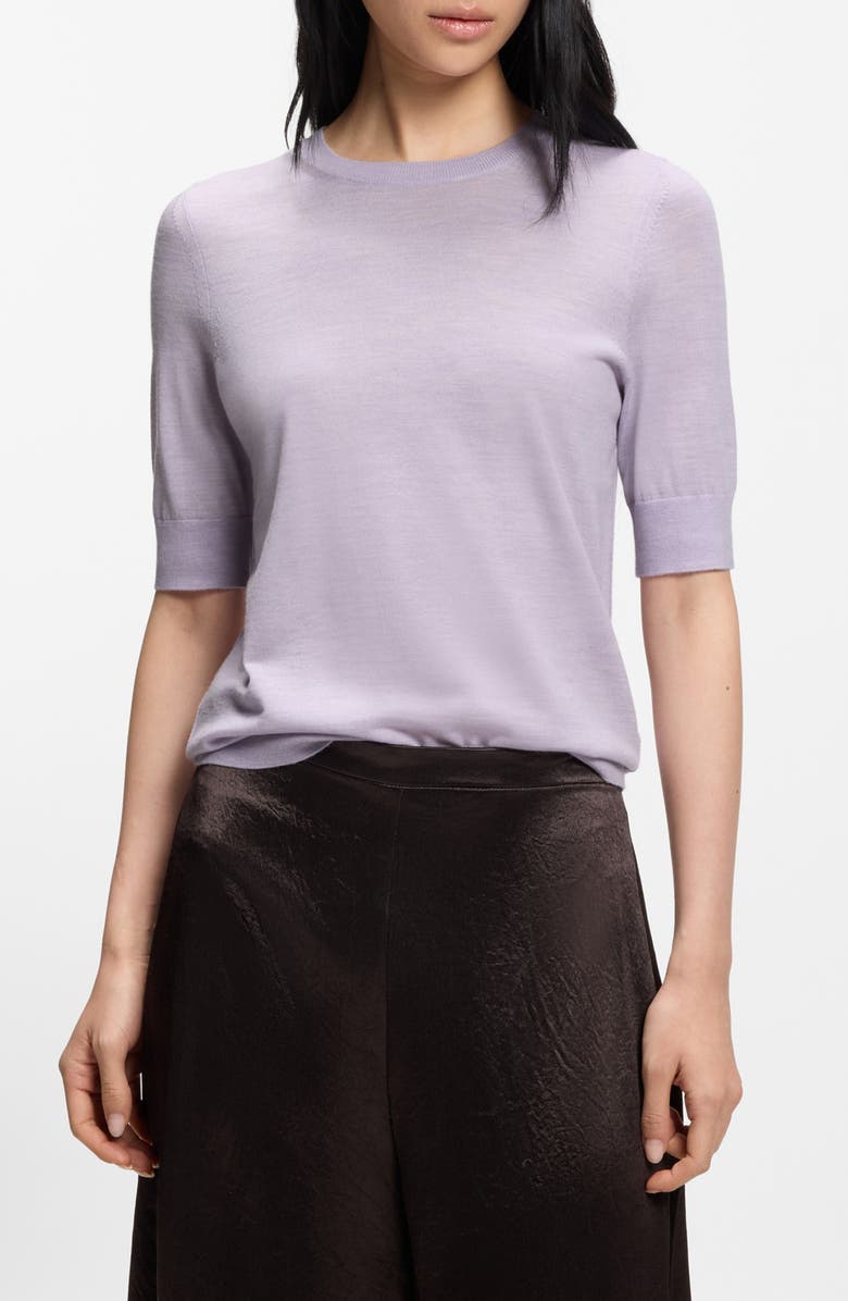 BOSS Farbella Short Sleeve Merino Wool Sweater, Main, color, Lavender Tide