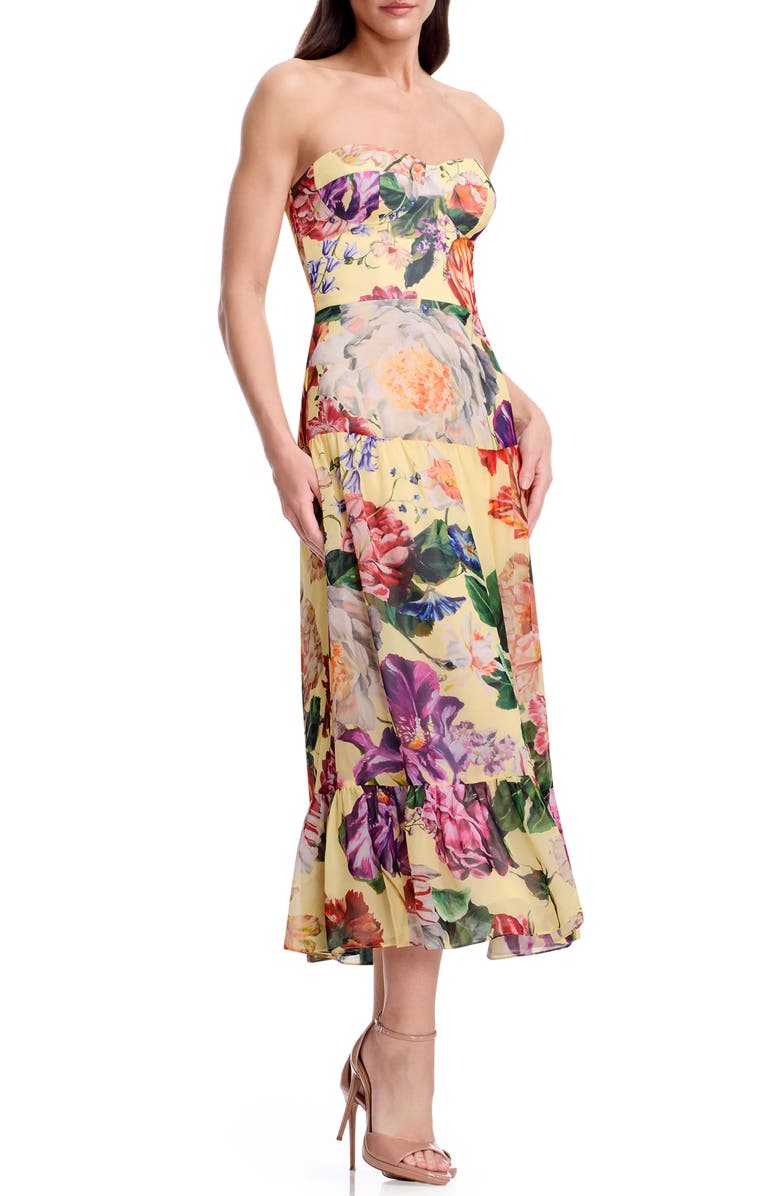 Dress the Population Prescott Floral Strapless Cocktail Midi Dress, Main, color, Golden Floral Multi