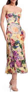 Dress the Population Prescott Floral Strapless Cocktail Midi Dress