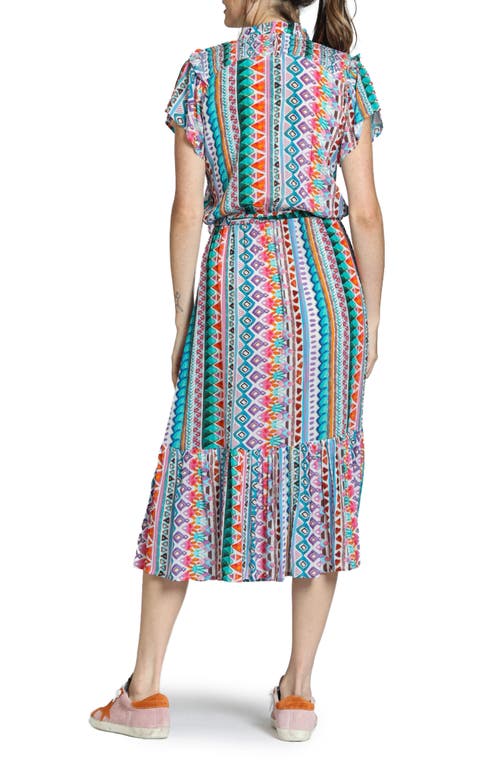 Apny Print Short Sleeve Midi Dress In Turquoise Multi