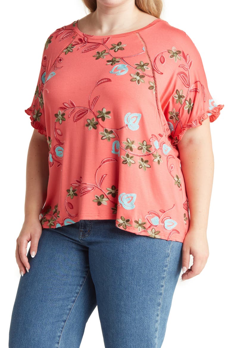Embroidered T-Shirt, Main, color, CORAL/ WHITE