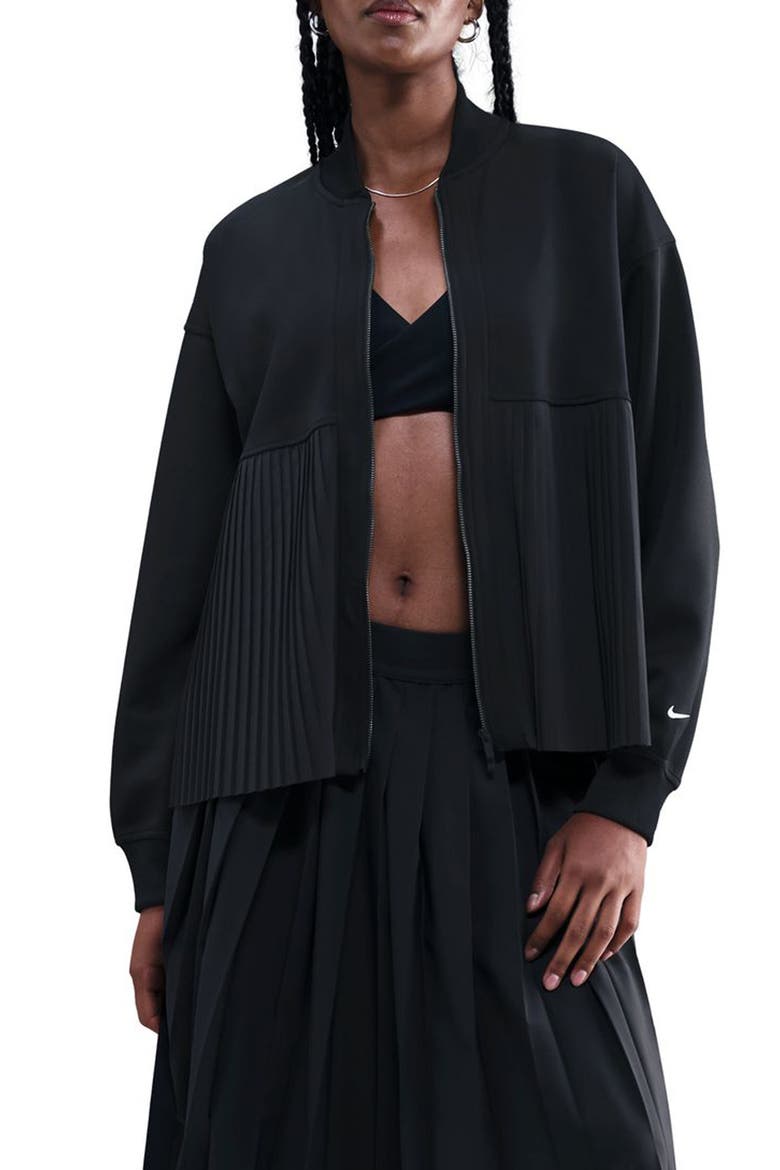 Sportswear Mixed Media Pleated Bomber Jacket, Main, color, 010 BLACK/SAIL