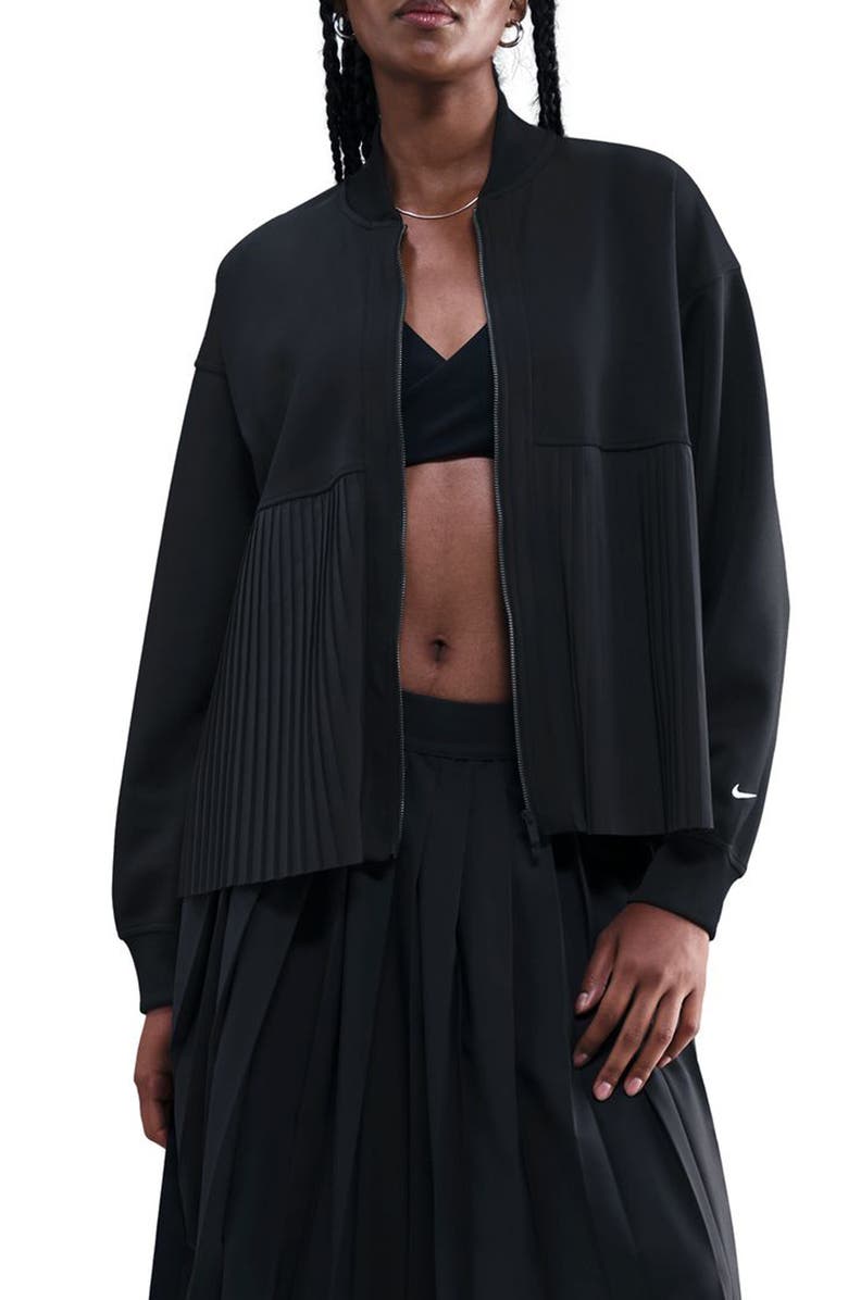 Nike Sportswear Mixed Media Pleated Bomber Jacket, Main, color, Black/ Sail