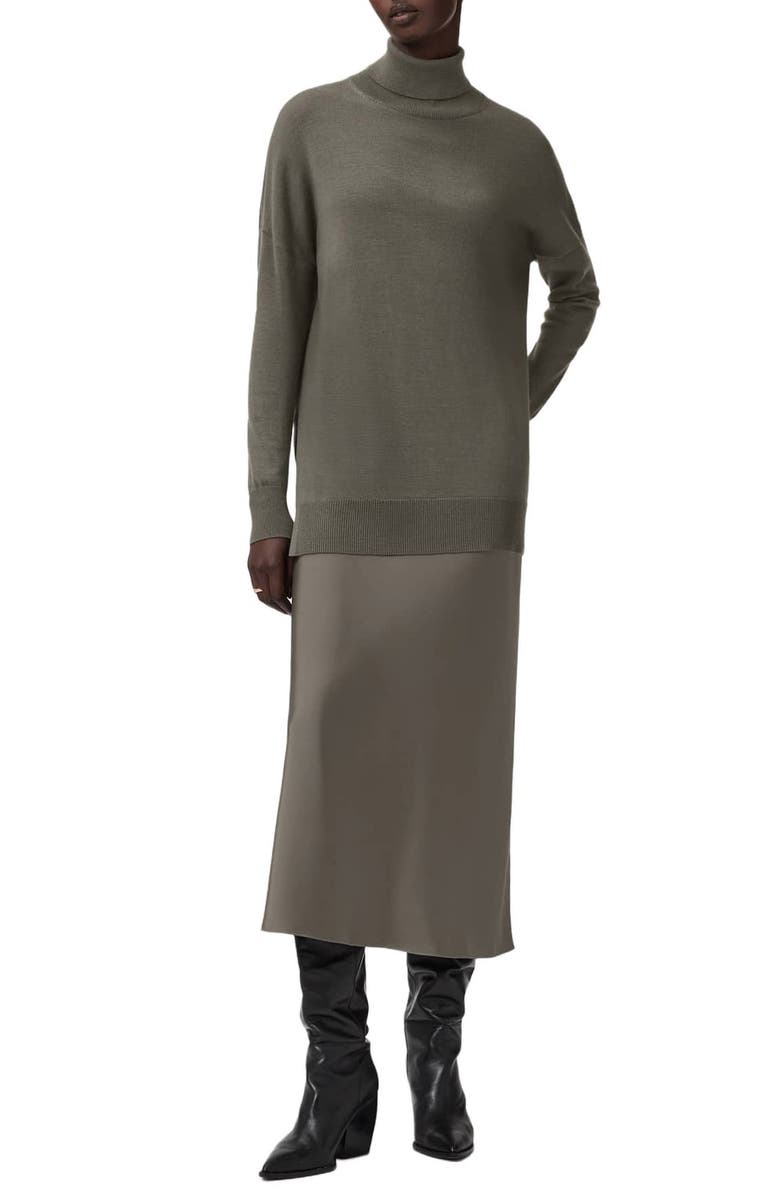 AllSaints Juno Long Sleeve 2-in-1 Sweater & Slipdress, Main, color, Light Khaki