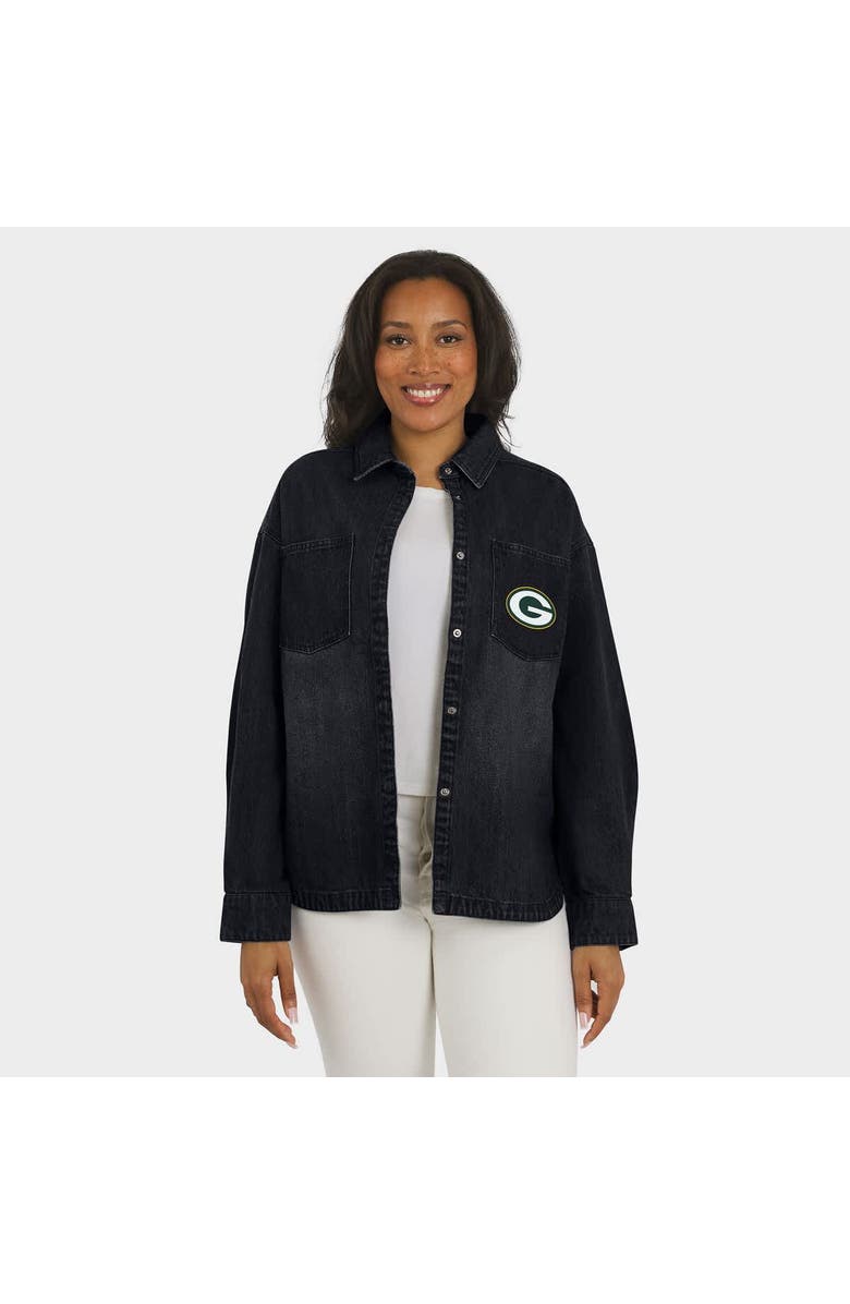 WEAR by Erin Andrews Women's WEAR by Erin Andrews Black Green Bay Packers Washed Oversized Denim Full-Snap Shacket, Alternate, color, Black