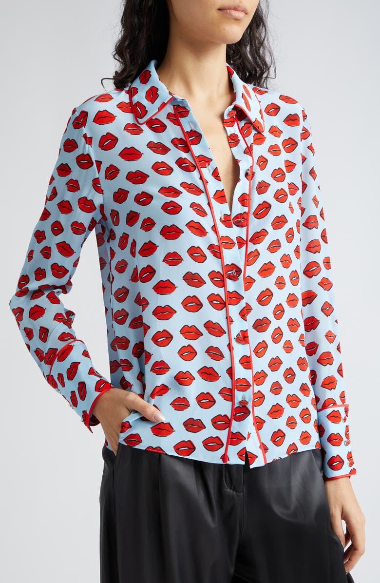 Alice + Olivia Willa Lip Print Piped Silk Shirt, Alternate, color,