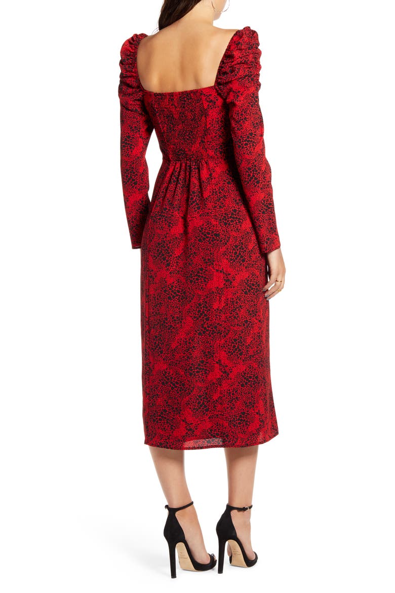 Spatter Print Square Neck Long Sleeve Midi Dress, Alternate, color, RED CHILI- BLACK DOT
