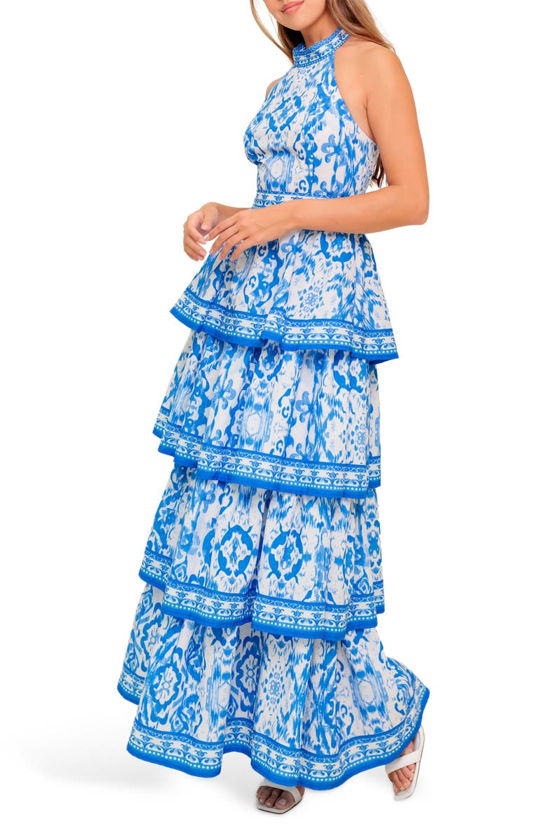 FLYING TOMATO Ikat Tiered Halter Maxi Dress, Alternate, color, Ivory Blue