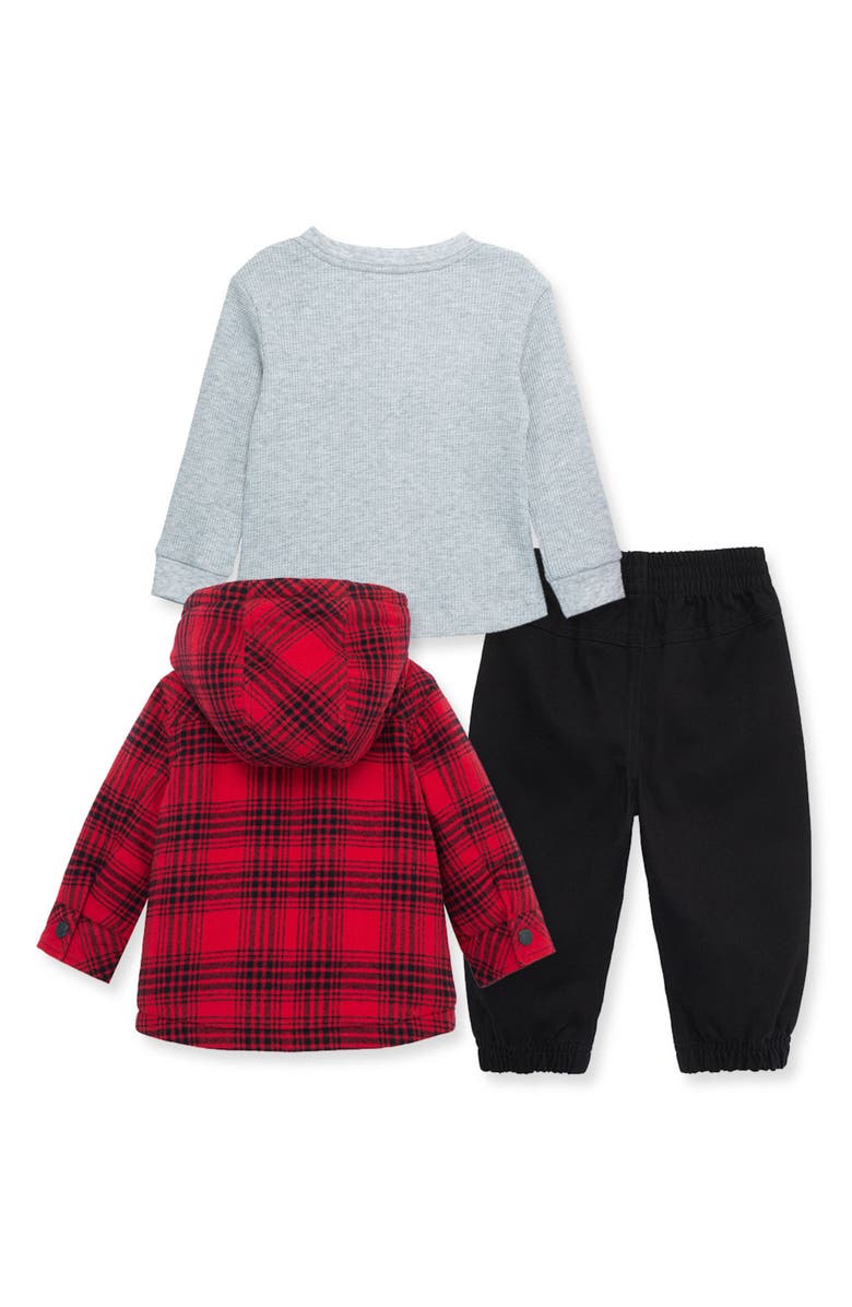 Little Me Plaid Zip-Up Hooded Jacket, Long Sleeve Shirt & Joggers Set, Alternate, color, 