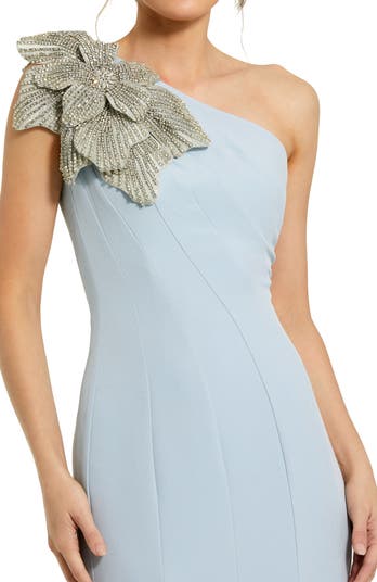 Crepe One Shoulder Gown With Flower