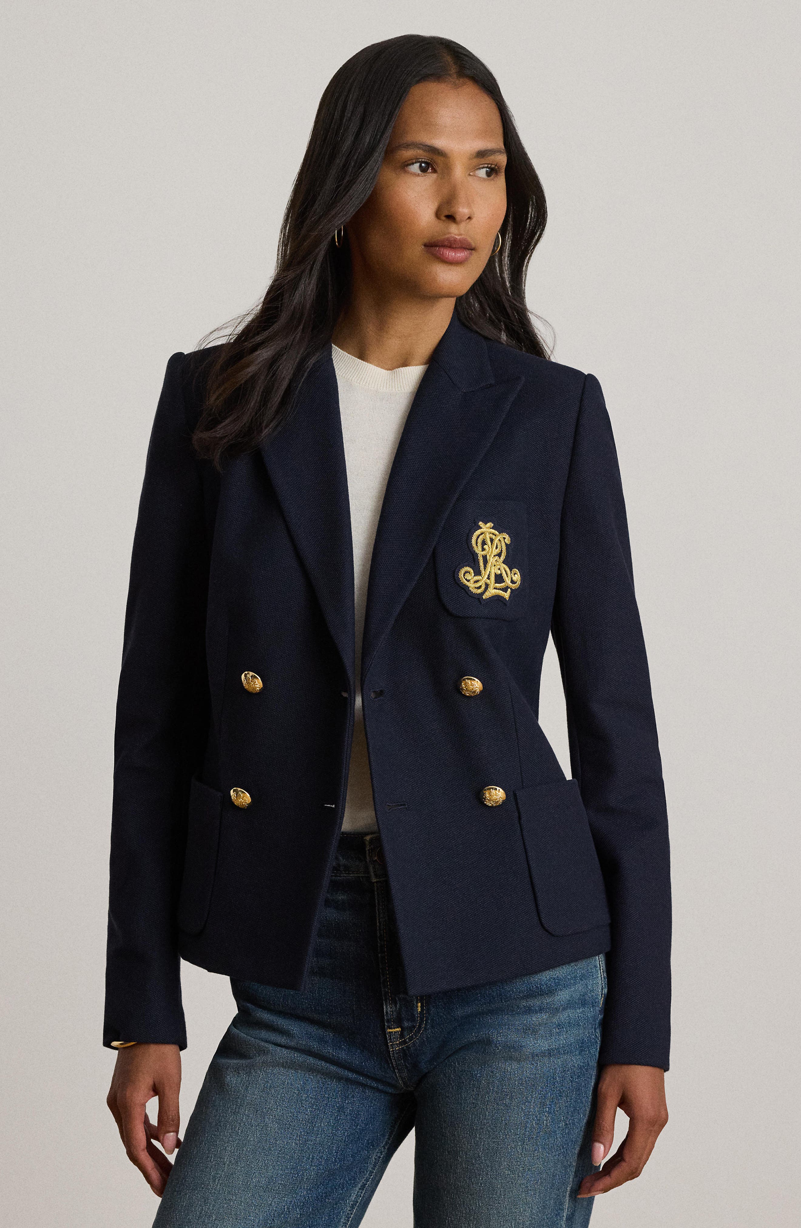 Lauren Ralph Lauren Crest Double Breasted Cotton Piqué Blazer