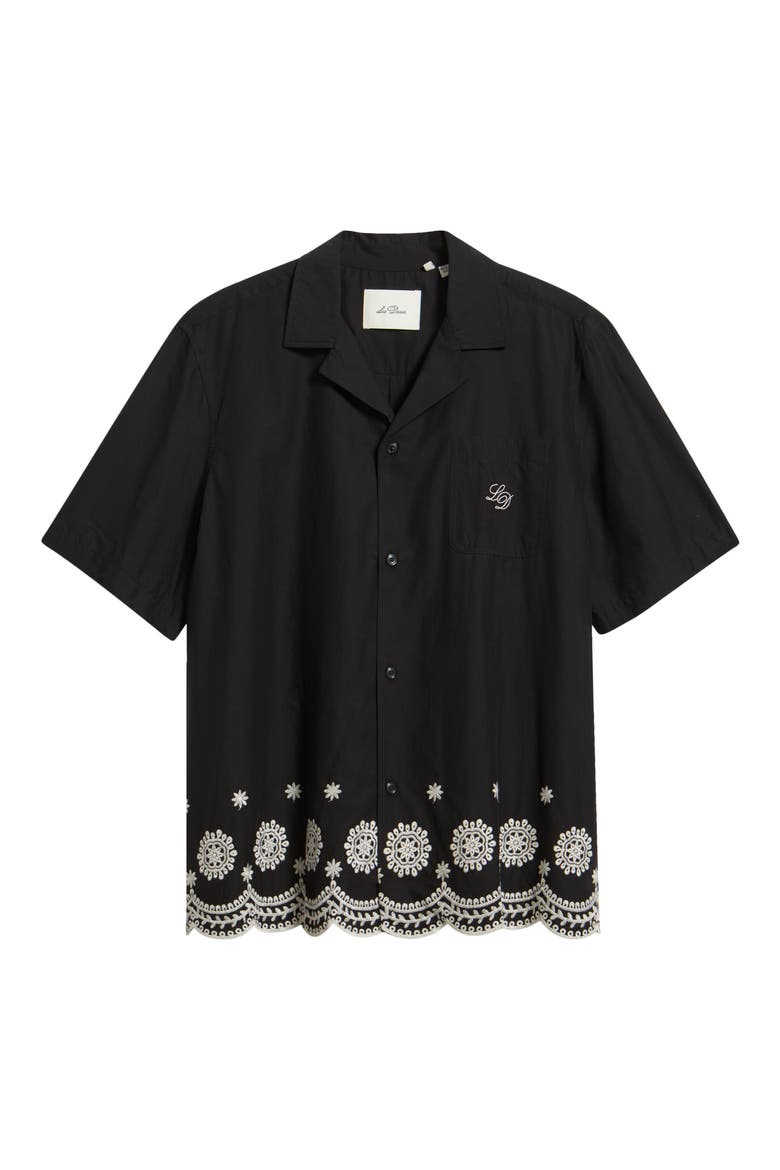 Lace Embroidered Organic Cotton Camp Shirt, Alternate, color, TAP SHOE BLACK