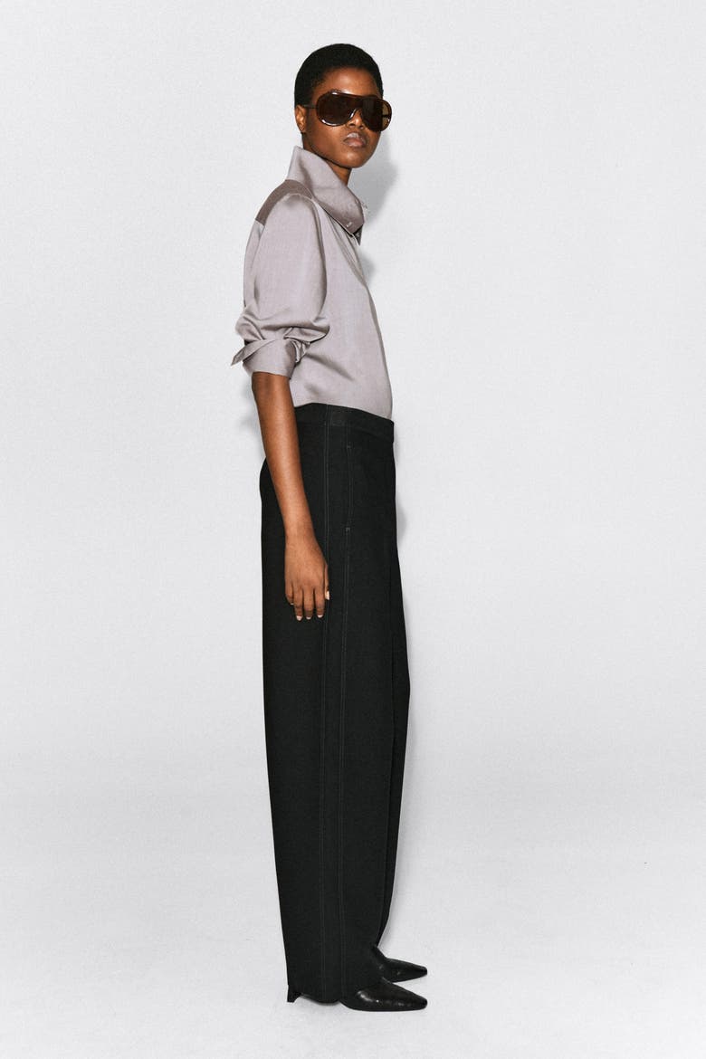 Topstitched Barrel-leg Pants, Alternate, color, BLACK