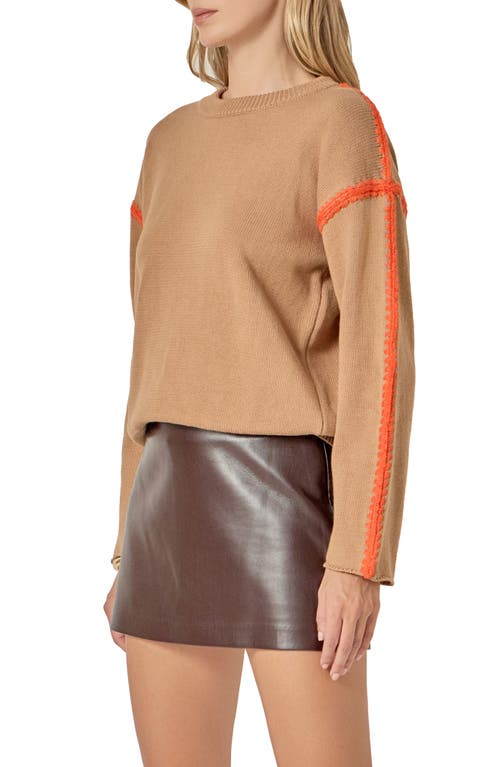 English Factory Stitch Detail Relaxed Fit Cotton Sweater In Brown