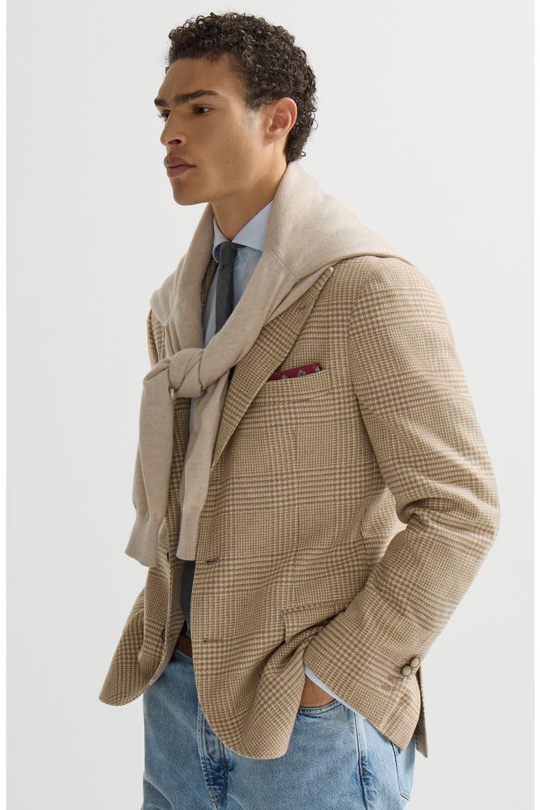 Comfort wool and cashmere Prince of Wales flannel deconstructed blazer with large peak lapels, Alternate, color, Camel