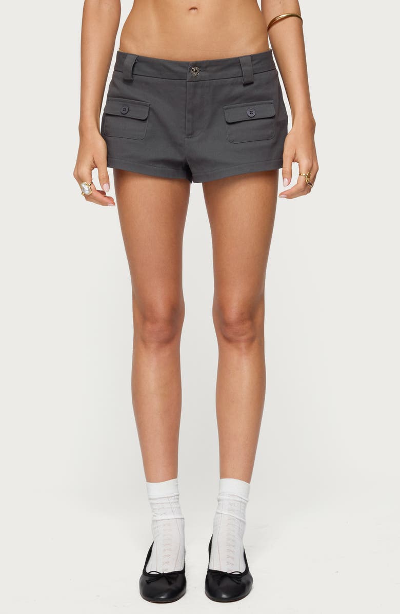 EDIKTED Terra Low Rise Cargo Microshorts, Main, color, Dark-Gray