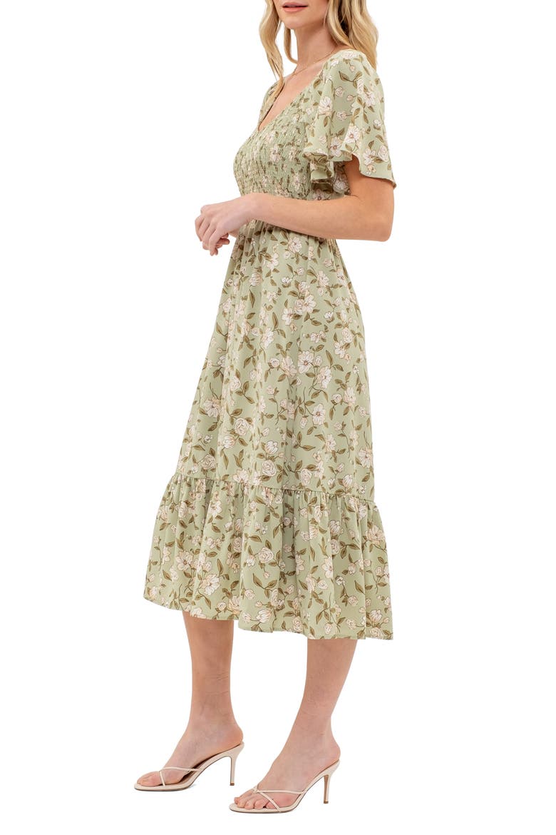 Floral Smocked Short Sleeve Midi Dress, Alternate, color, LIGHT OLIVE MULTI