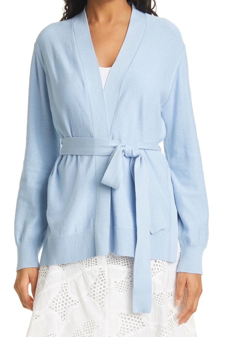 Tie Front Sequin Cardigan, Main, color, ICE BLUE