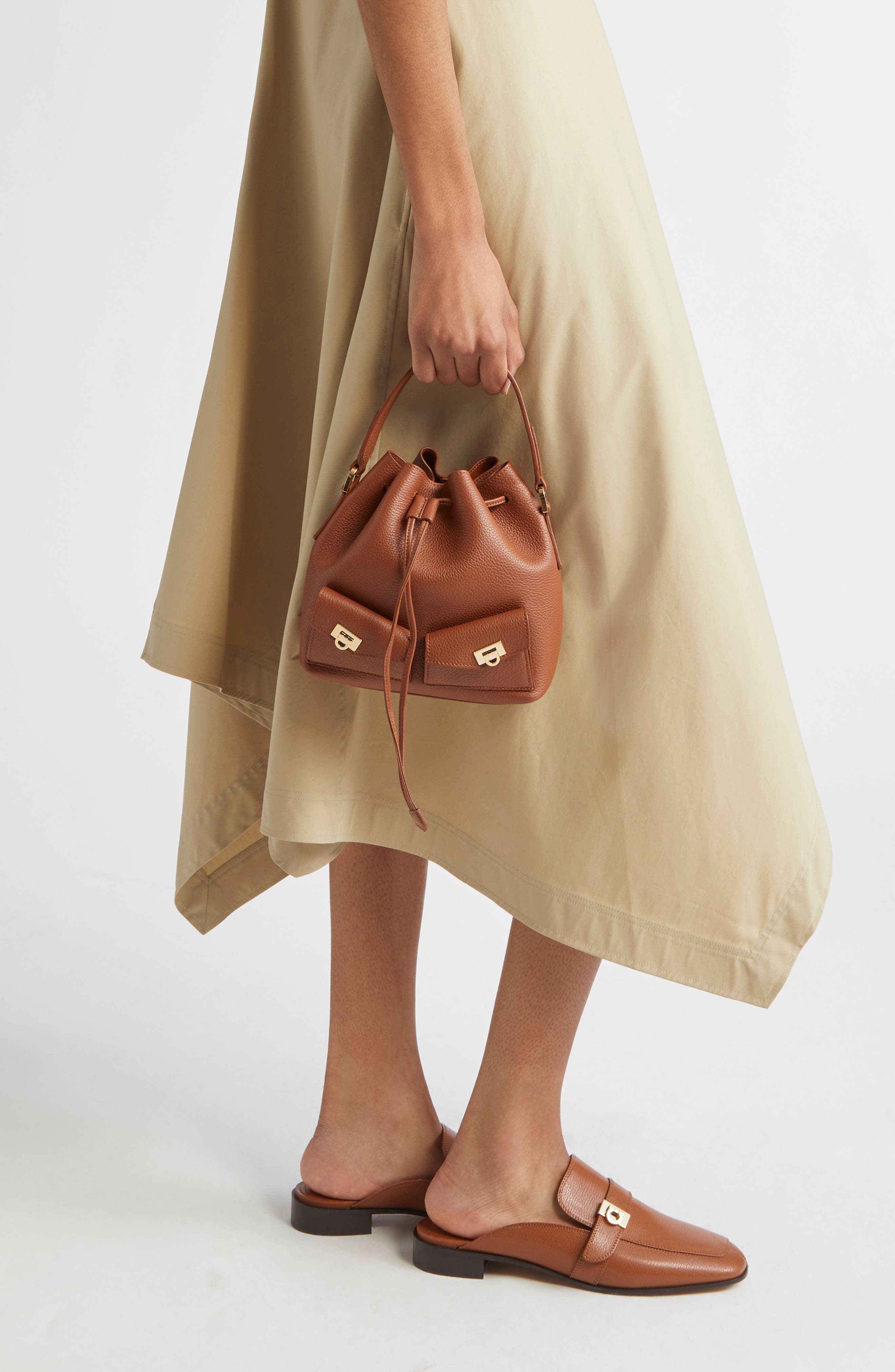 FERRAGAMO Mini Harley Leather Drawstring Bucket Bag, Alternate, color, New Cognac