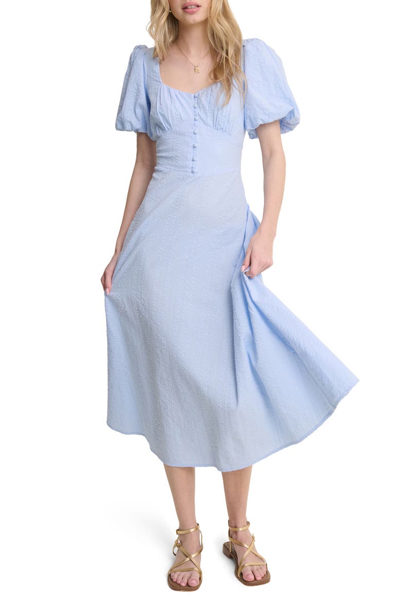 Melody Texture Puff Sleeve Organic Cotton Midi Dress, Main, color, BLUE