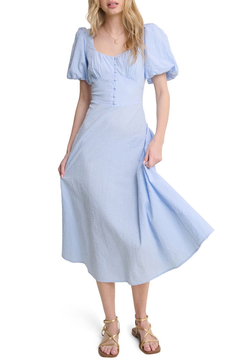 Nobody's Child Melody Texture Puff Sleeve Organic Cotton Midi Dress, Main, color, Blue