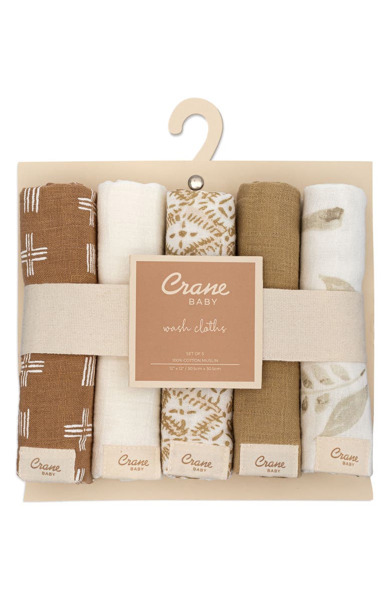 CRANE BABY Kendi 5-Pack Cotton Muslin Washcloths, Alternate, color, Beige