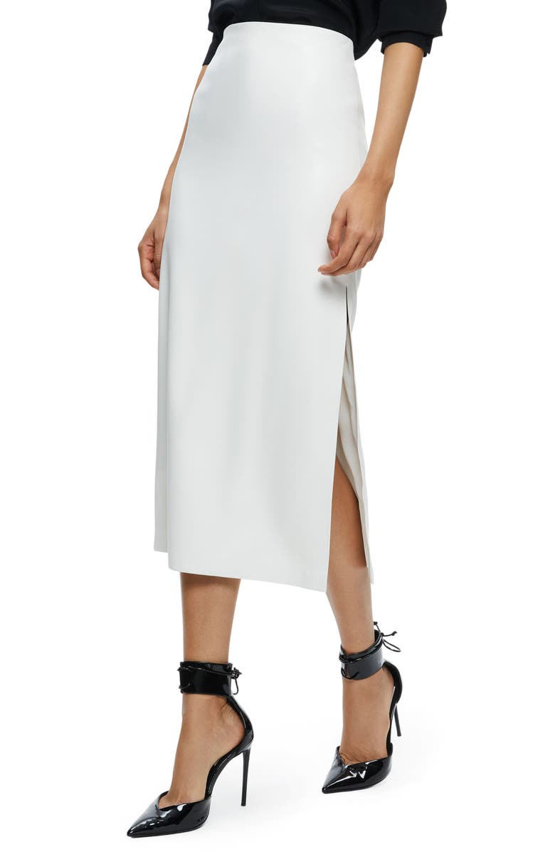 Alice + Olivia Maeve Back Slit Faux Leather Midi Skirt, Alternate, color, Off White