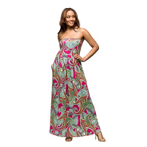 Maternity Pink Paisley A-Line Strapless Maxi Dress With Pockets