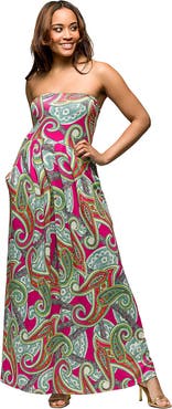 24seven Comfort Apparel Maternity Pink Paisley A-Line Strapless Maxi Dress With Pockets