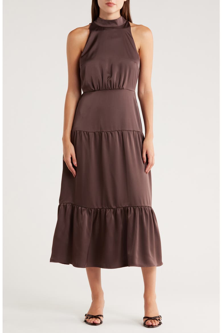 High Neck Fluid Satin Midi Dress, Main, color, MOCHA