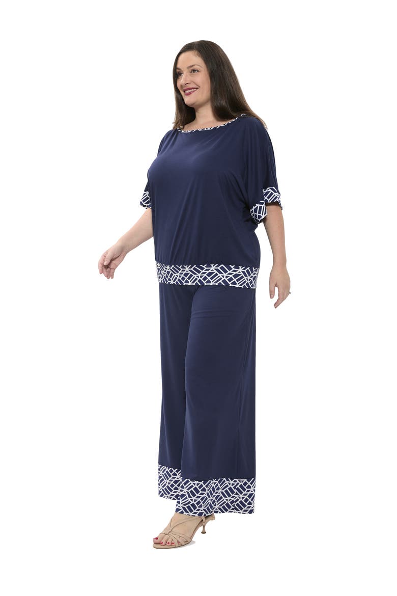 Plus Size Boat Neck Dolman Sleeve Printed Trim Top and Pant Set, Alternate, color, Navy