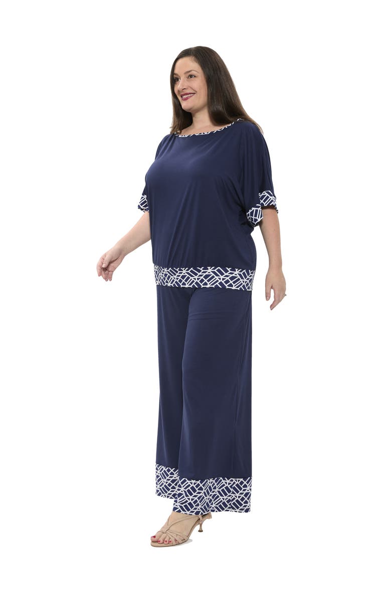 24seven Comfort Apparel Plus Size Boat Neck Dolman Sleeve Printed Trim Top and Pant Set, Alternate, color, Navy