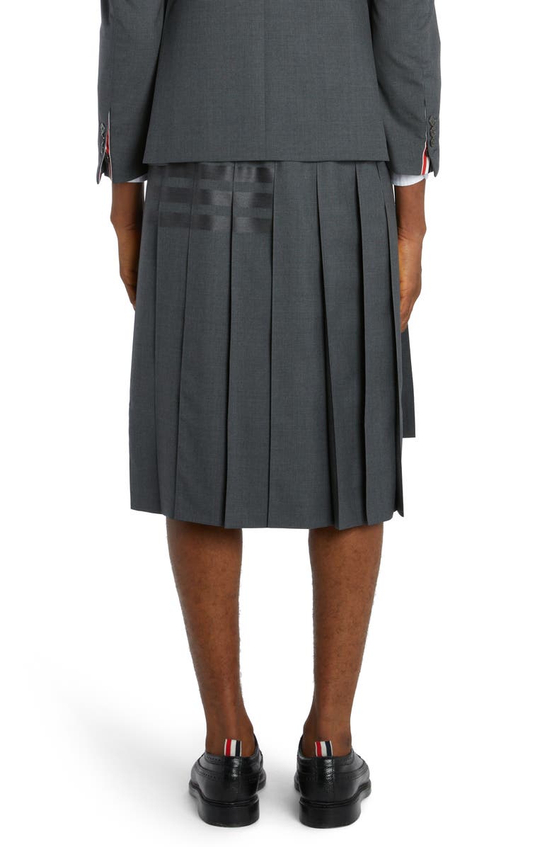 Thom Browne 4-Bar Pleated Back Strap High-Low Wool Skirt, Alternate, color, 