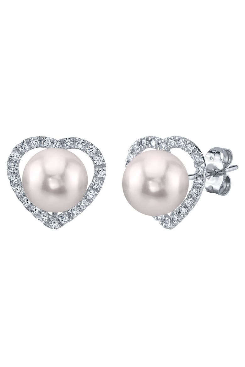 Akoya Pearl & Diamond Heart Amour Earrings, Main, color, White Gold