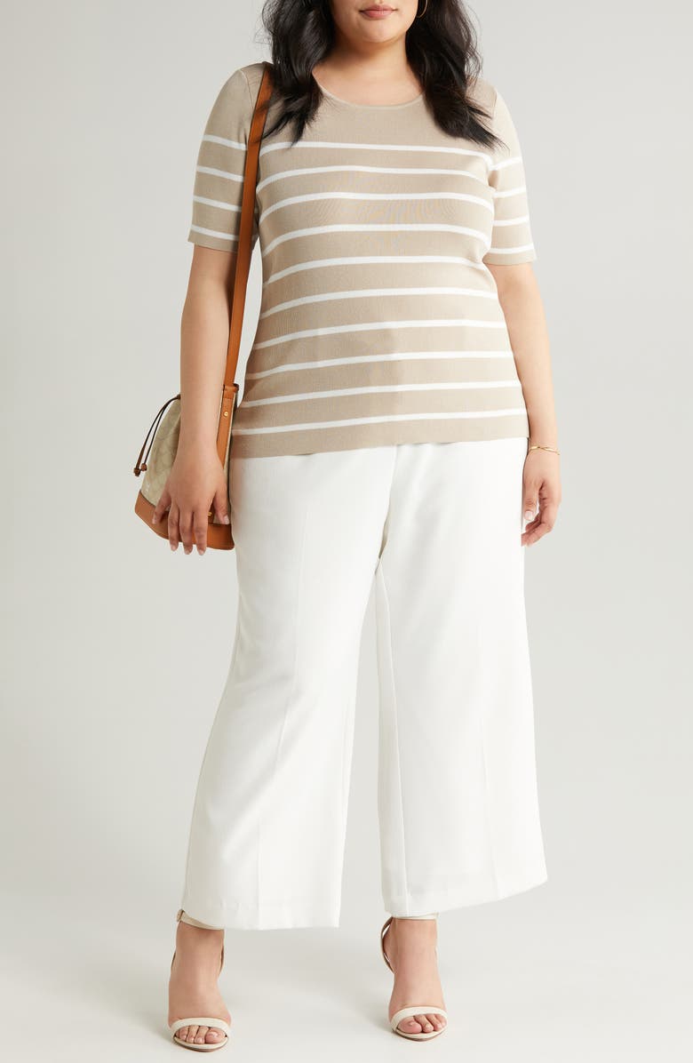 Tahari ASL Stripe Short Sleeve Sweater, Main, color, Sand Ivory
