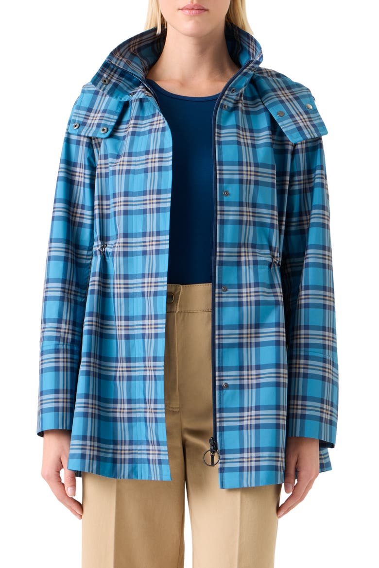 Tartan Taffeta Hooded Coat, Main, color, BLUE/ BEIGE