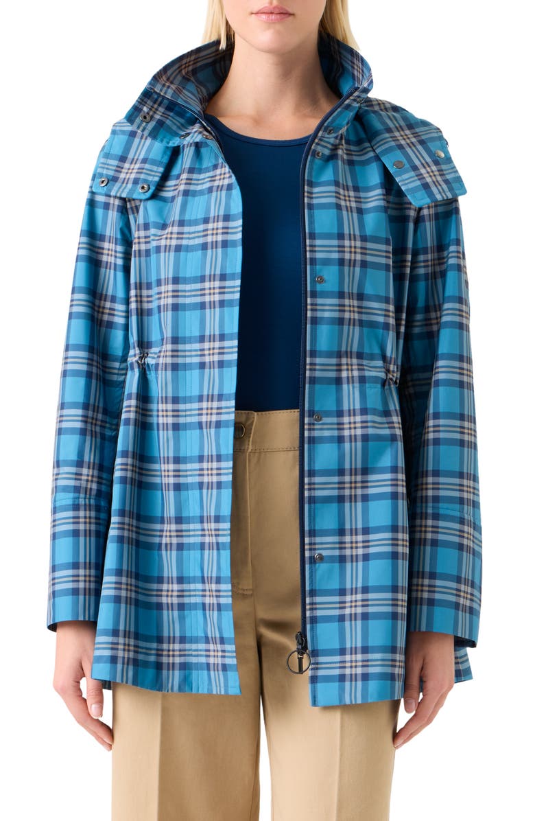 Akris punto Tartan Taffeta Hooded Coat, Main, color, Blue/ Beige
