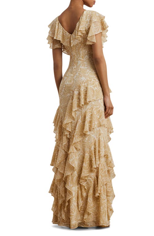 Ralph Lauren Lauren Floral Ruffle Georgette Gown In Cream/tan