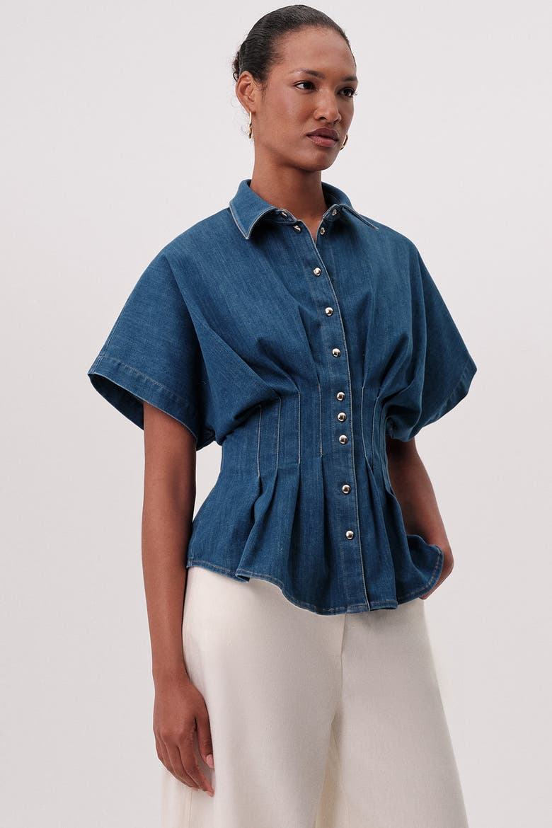 Marisa Collared Short Sleeve Denim Shirt, Alternate, color, Blue