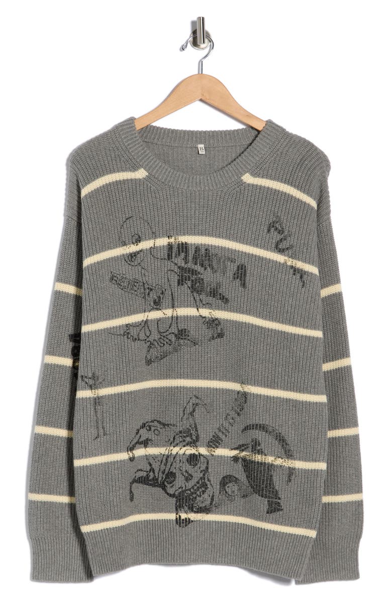 R13 Oversize Stripe Graphic Sweater, Alternate, color, Heather Grey