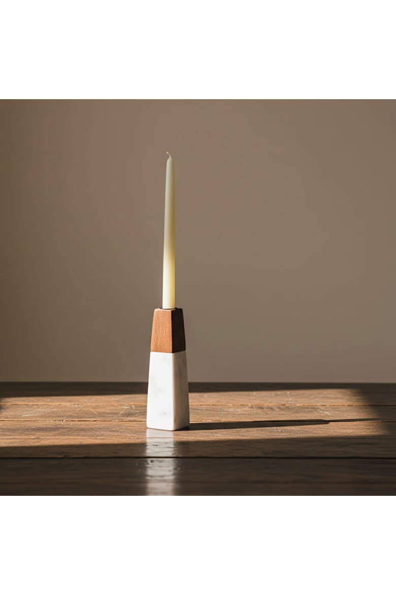 Tapered White Marble & Acacia Sculptural Candleholder, Alternate, color, White - Large