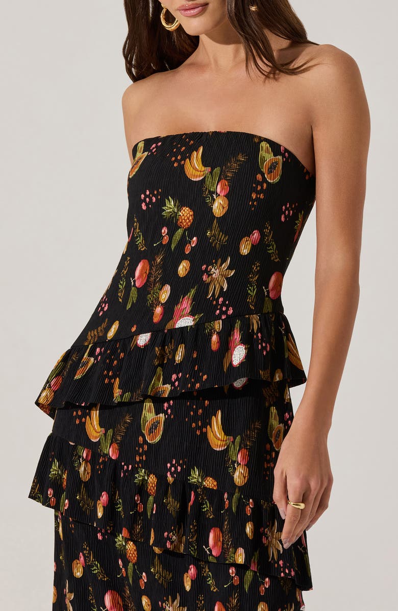 ASTR the Label Plissé Asymmetric Tiered Ruffle Strapless Midi Dress, Alternate, color, Black Fruit Print