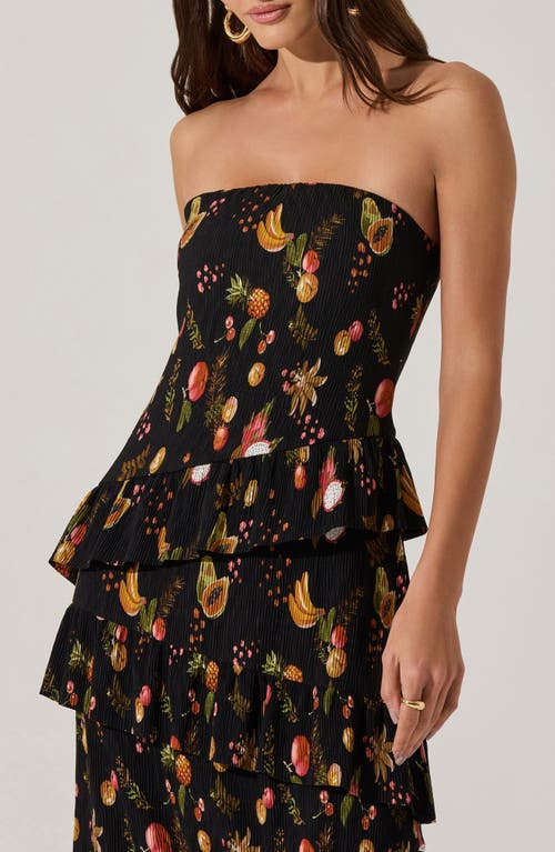 Astr The Label Plissé Asymmetric Tiered Ruffle Strapless Midi Dress In Black Fruit Print