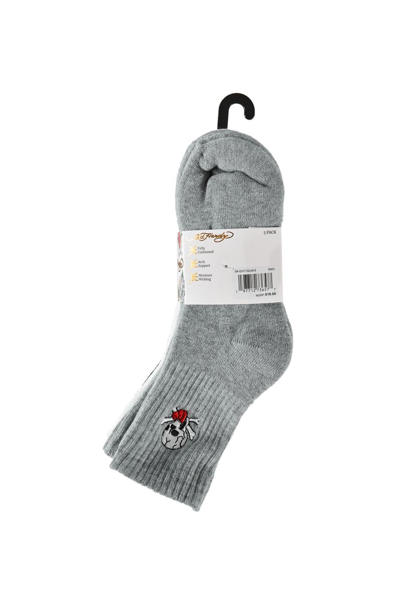 Ed Hardy Womens Heart Skull Embroidery Half Cushion Mid Crew Sock 5-Pack, Alternate, color, Black White Grey