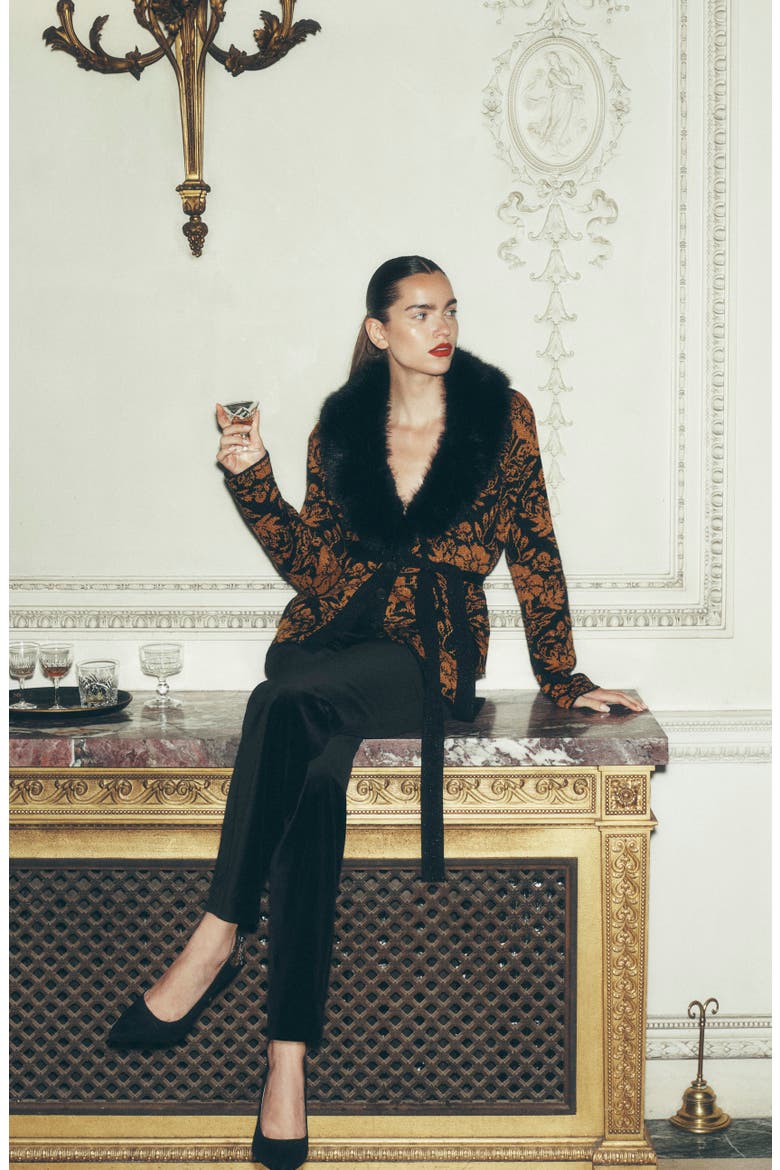 Faux Fur Collar Belted Cardigan, Alternate, color, METALLIC BLACK GOLD JACQUARD